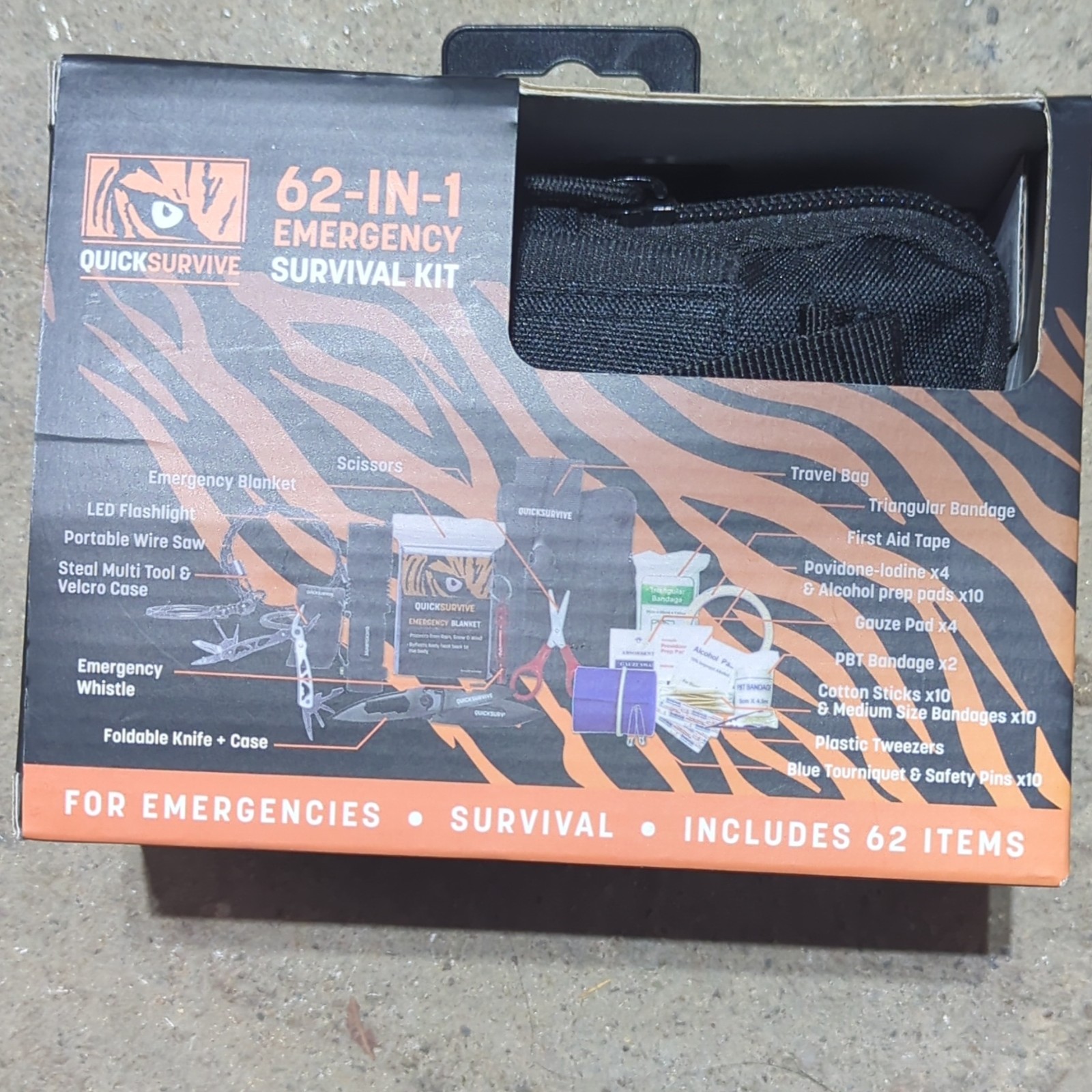 QUICKSURVIVE 62-in-1 Emergency Survival Kit w/ First Aid, LED Flashlight