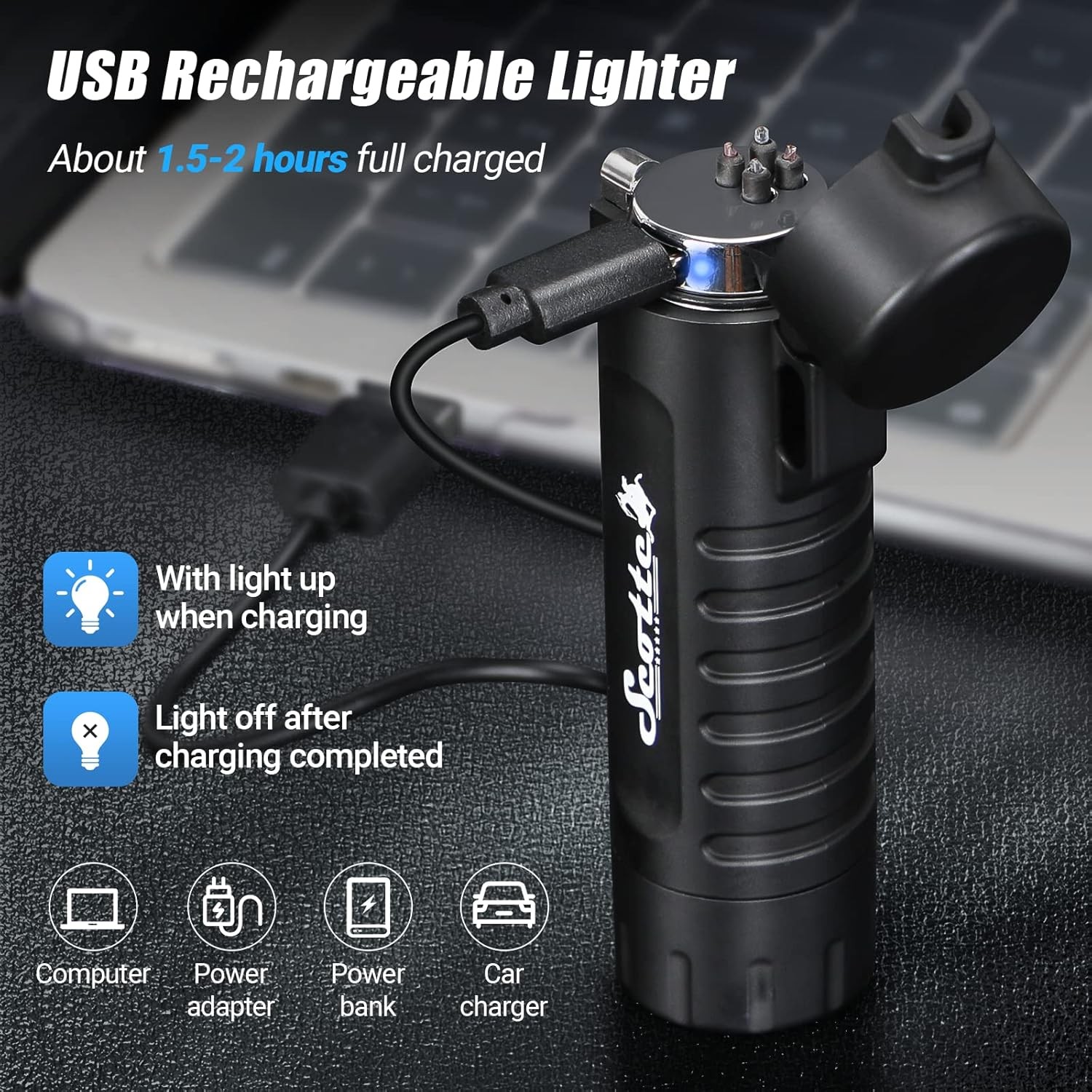 Scotte Plasma Windproof Arc Lighter LED Flashlight 2-in-1 Black