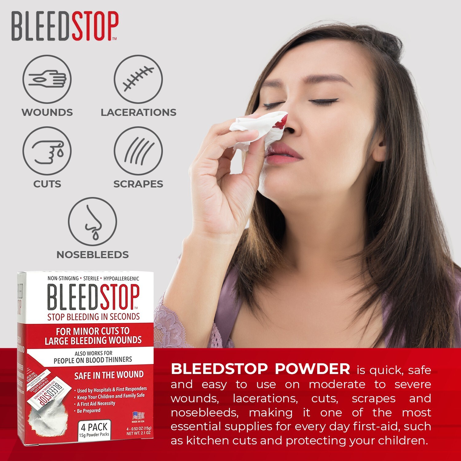 BleedStop™ First Aid Powder for Blood Clotting, Trauma Kit – 5 PK (15g) Pouches