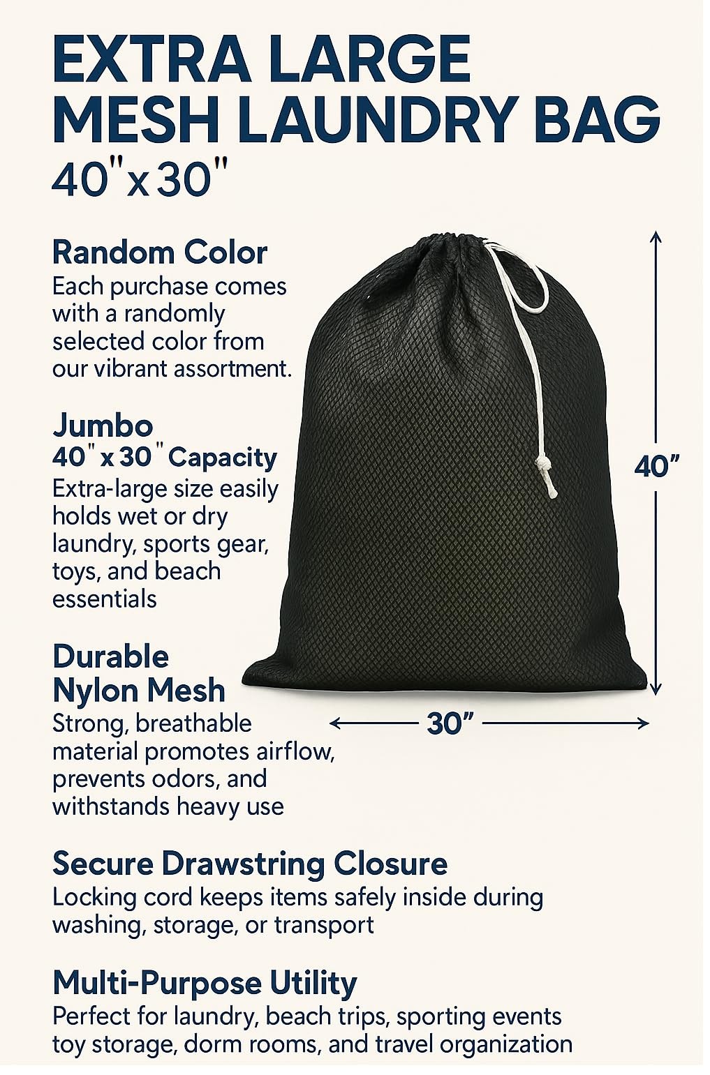 Extra Large Mesh Laundry Bag 40″ x 30″ – Drawstring, x 30″, Multi