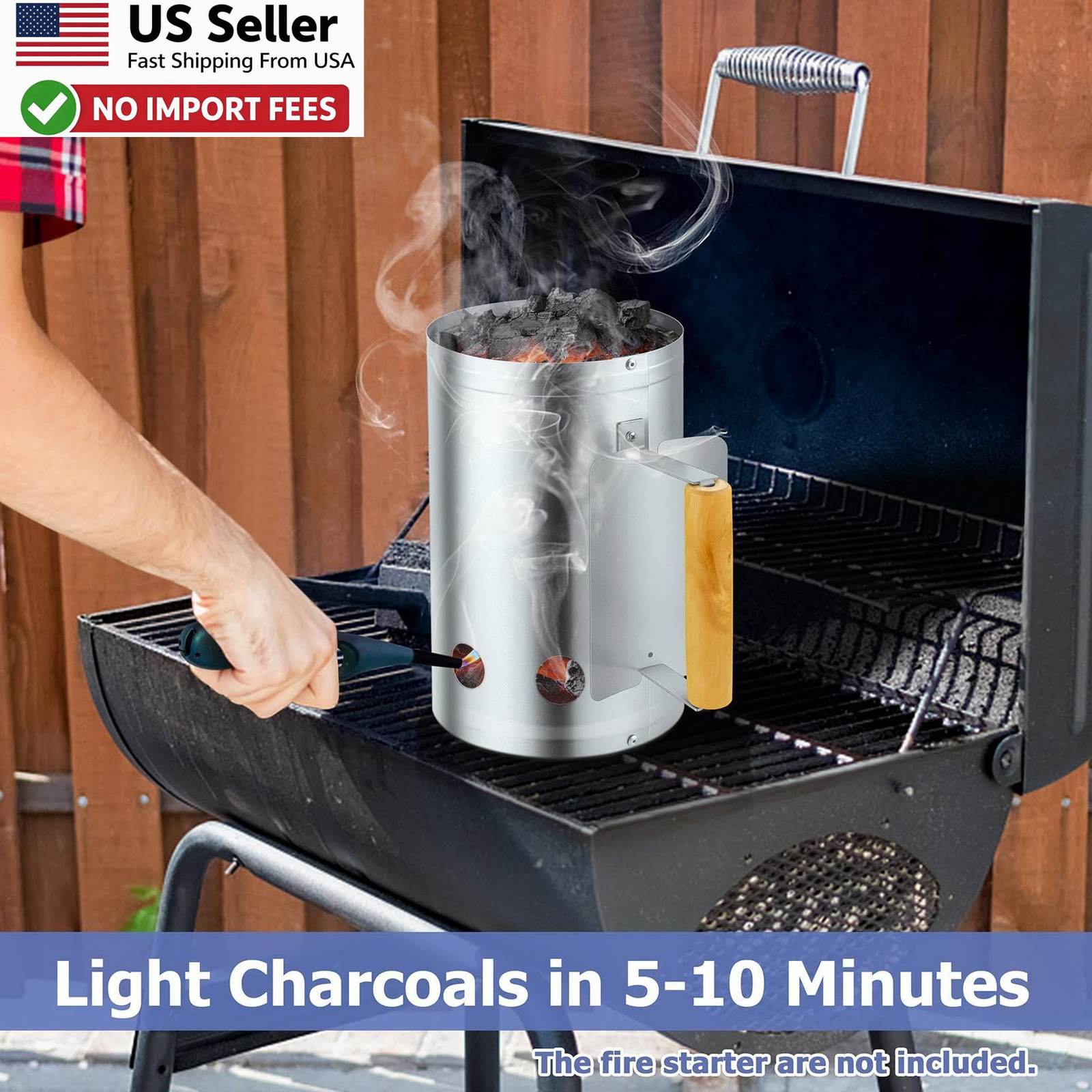 Joyfair Charcoal Chimney Starter BBQ Fire Starter with Clamp Wood Handle FROM US