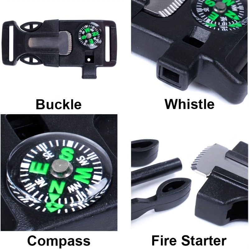 4pcs Outdoor Survival Buckle with Compass Whistle Fire Starter Black Backpack
