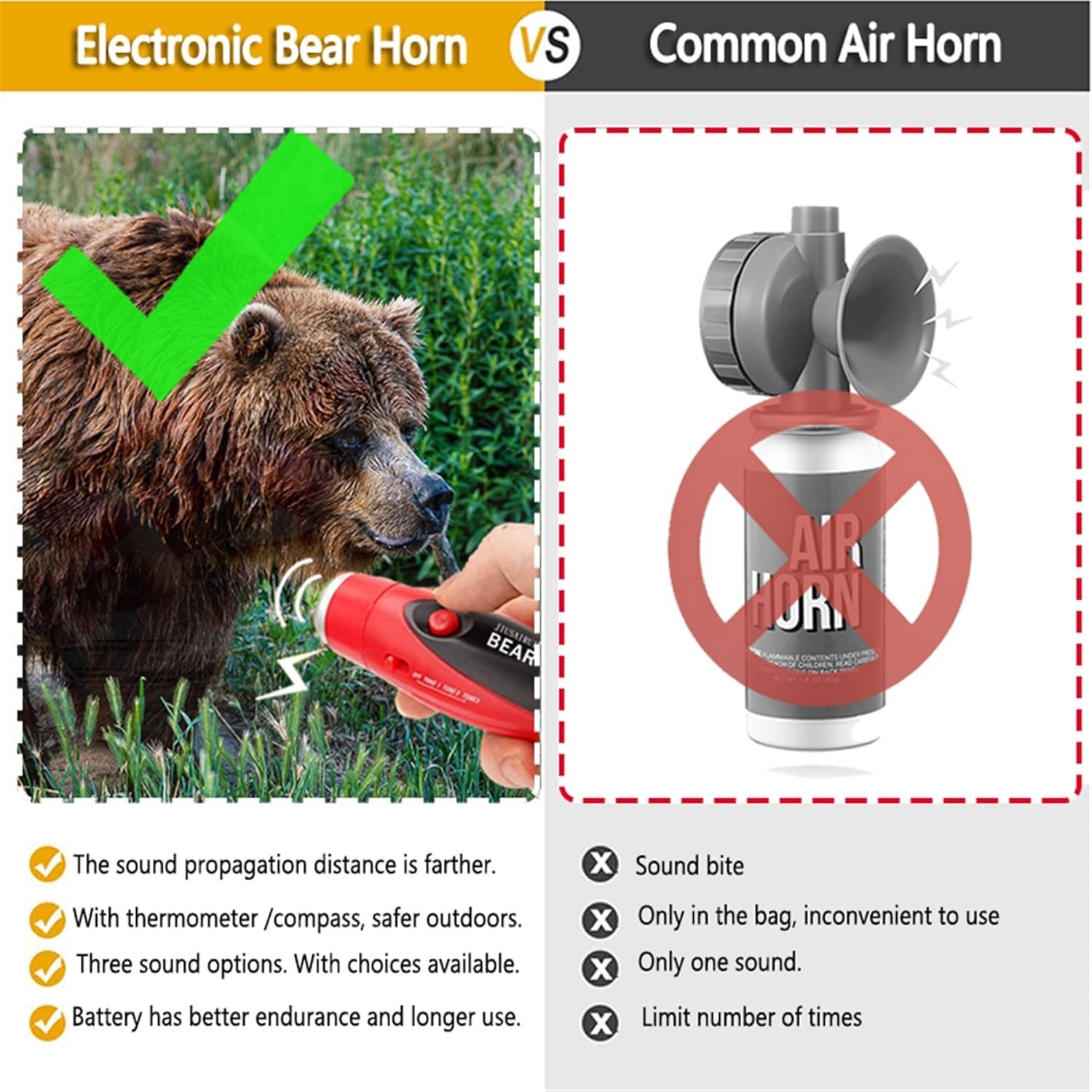 Portable 120dB Bear Deterrent Horn with Compass & Thermometer for Outdoor Safety
