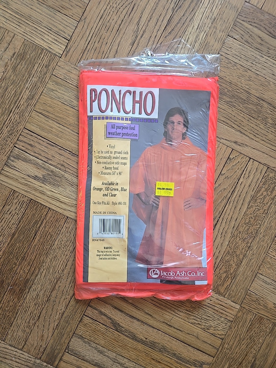 Vintage Adult Orange Vinyl Poncho By Jacob Ash OS New In Plastic 80×50