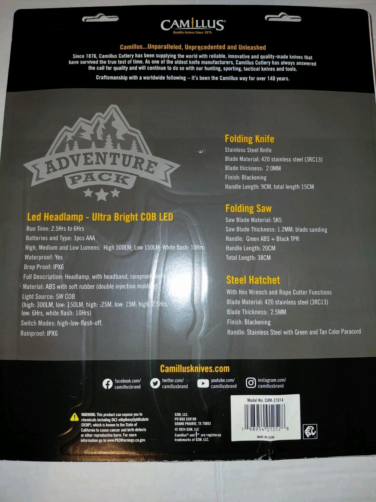 Camillus Adventure Pack Camping Set Hatchet Knife Saw LED Headlamp New