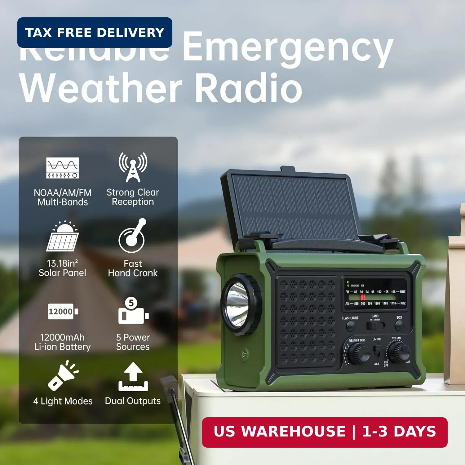 Solar Radio Emergency Hand Crank 12000mAh with Clear Signal, AM FM NOAA Weather