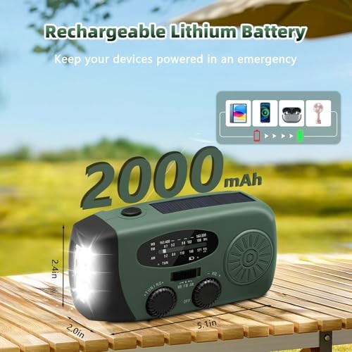 7400mWh Emergency Weather Radio, Portable Solar Hand Crank Radio AM/FM/NOAA,