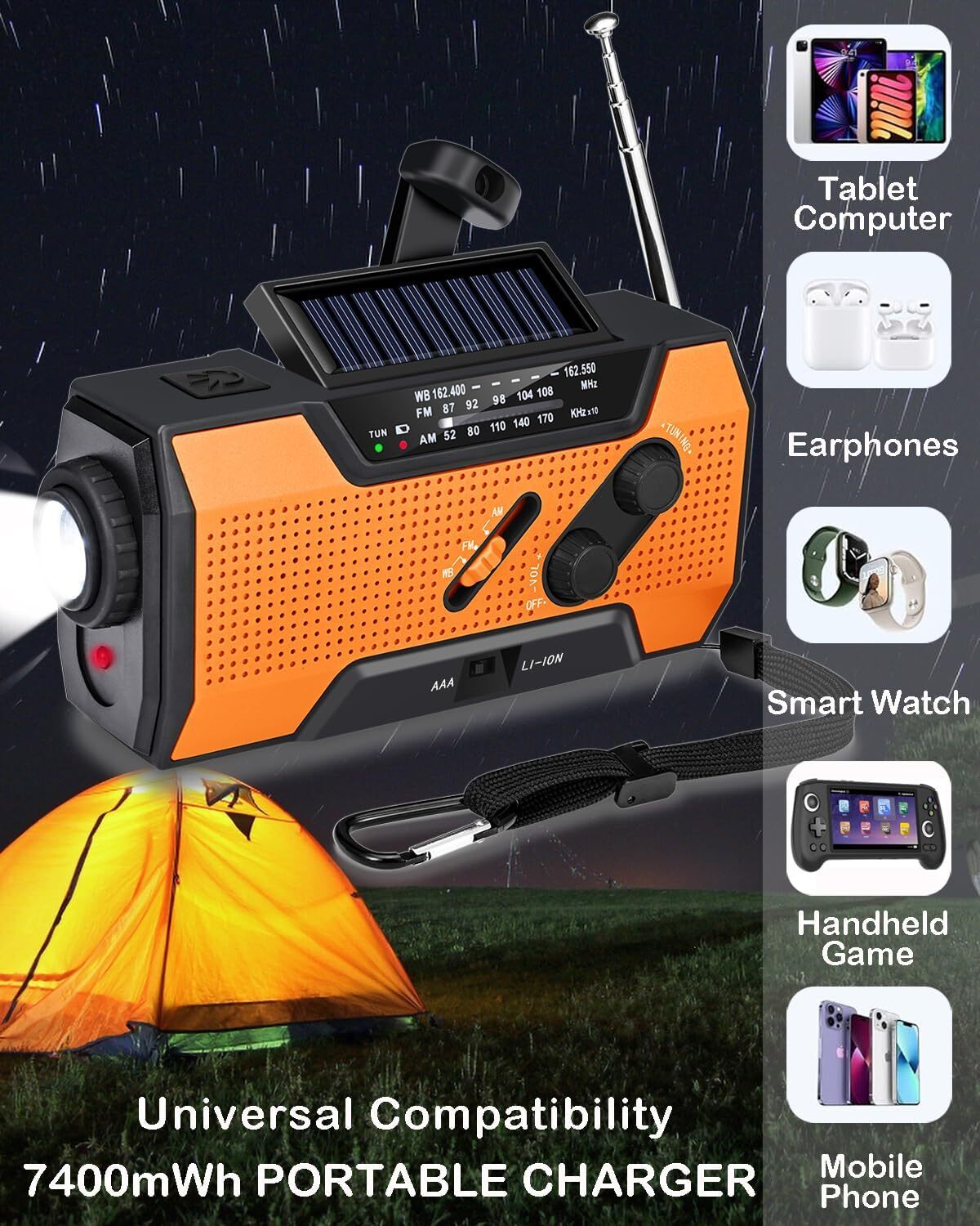 Emergency Solar Hand Crank Weather Radio 2000mAh Power Bank Charger Flash Light
