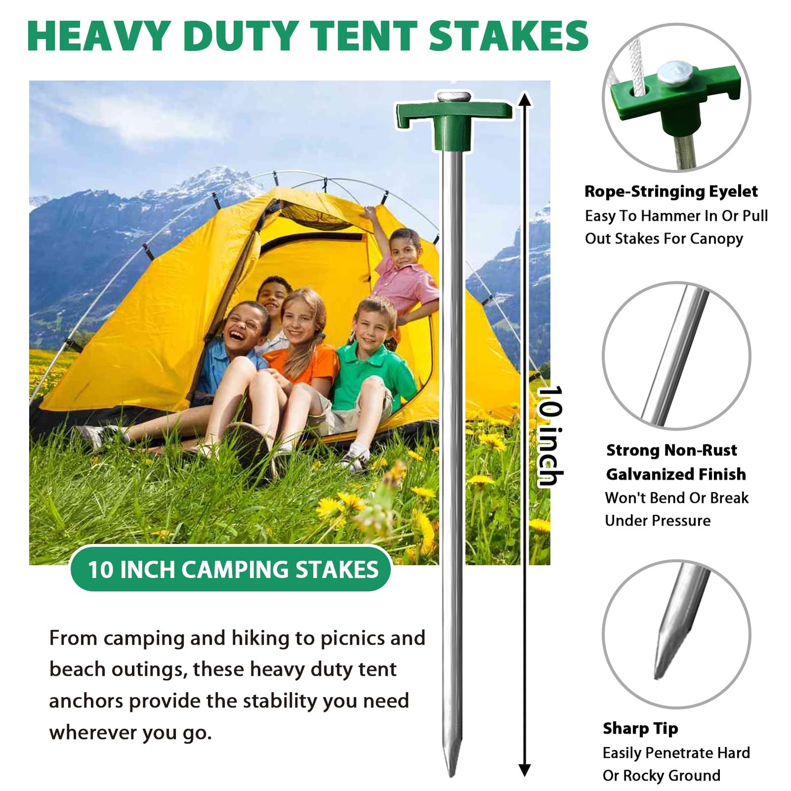 Eurmax USA Galvanized Non-Rust Camping Family Tent Pop Up Stakes Green