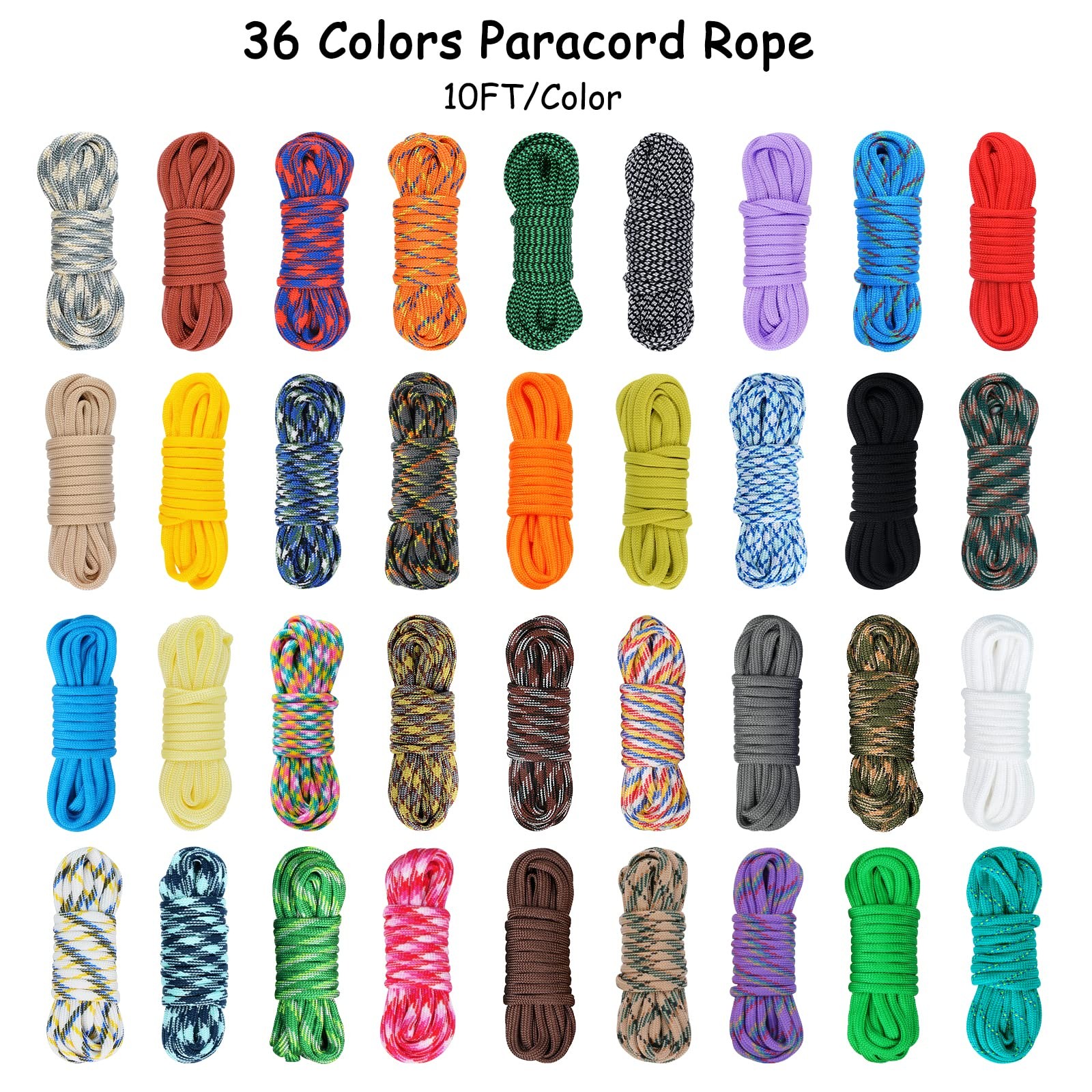 MONOBIN 36 Colors 10ft Paracord 550 360FT-10FT/Color, Red，blue，orange，black