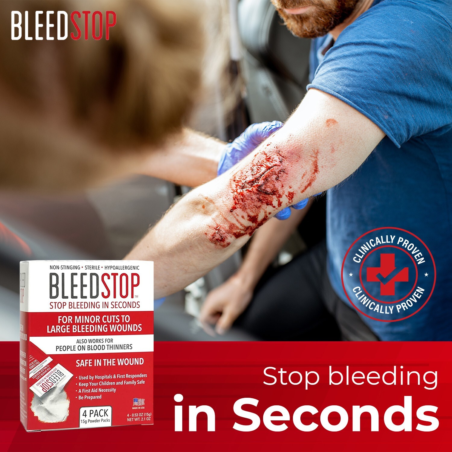 BleedStop™ First Aid Powder for Blood Clotting, Trauma Kit – 5 PK (15g) Pouches