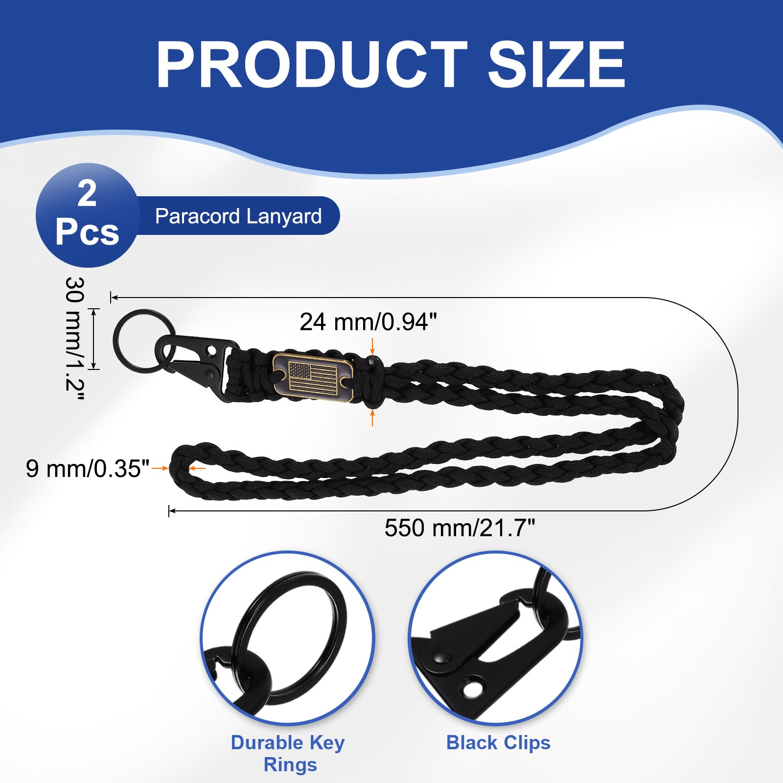 2Pcs Paracord Lanyard, Strong Lanyard with USA Flag, Black