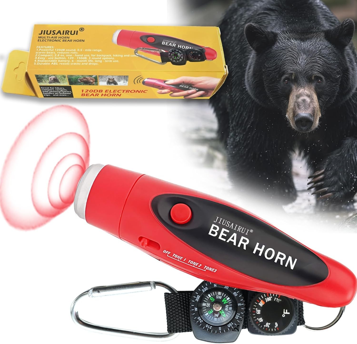 Portable 120dB Bear Deterrent Horn with Compass & Thermometer for Outdoor Safety