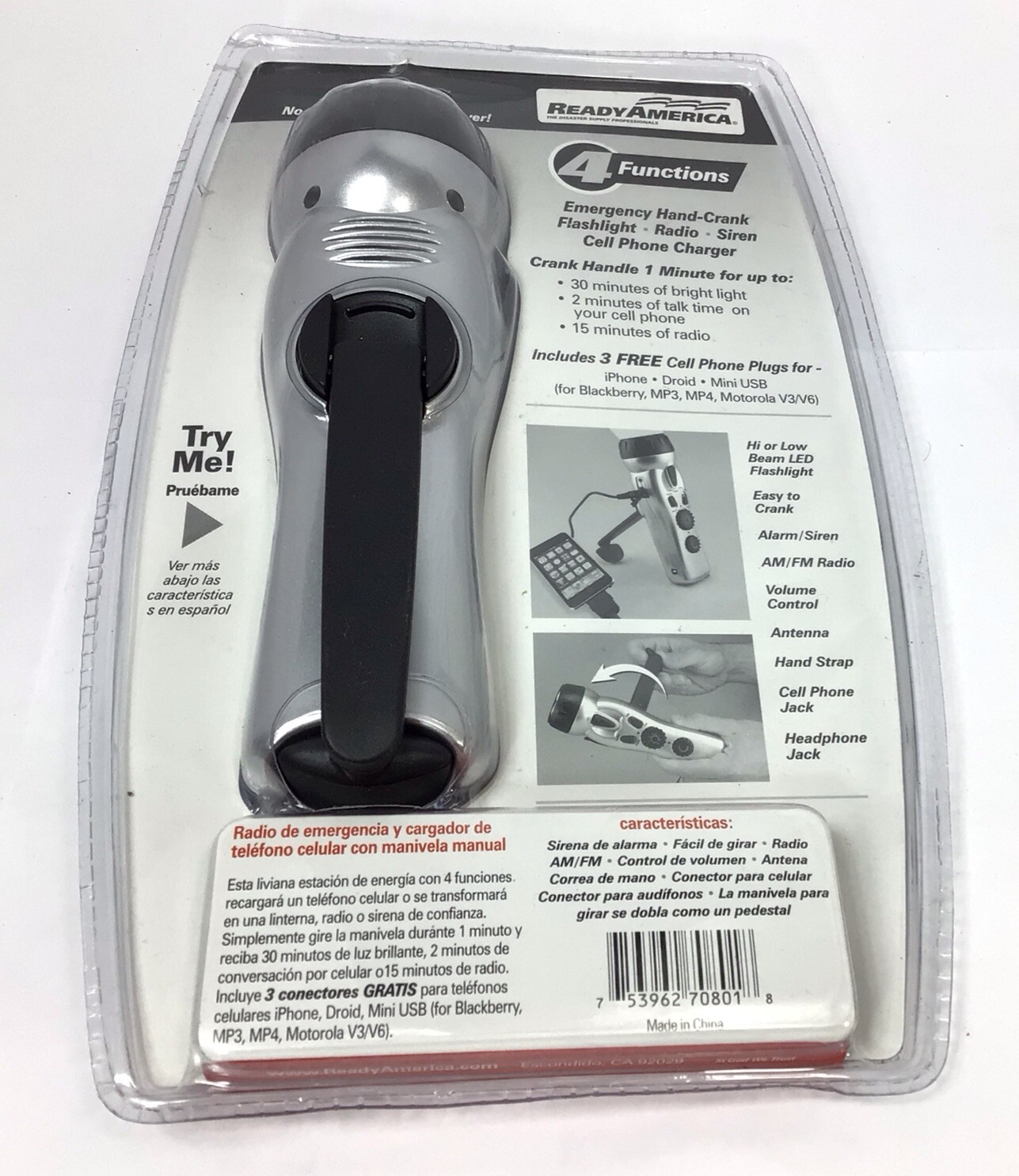 Ready America Emergency Power Station 70801 Hand Crank Flashlight Radio Cell