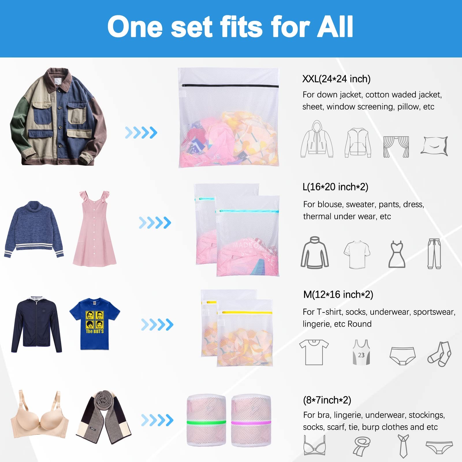 GOGOODA Mesh Laundry 1*XXL Bag+2*Large Bag+2*Medium Bag+2*Bra Bag, White