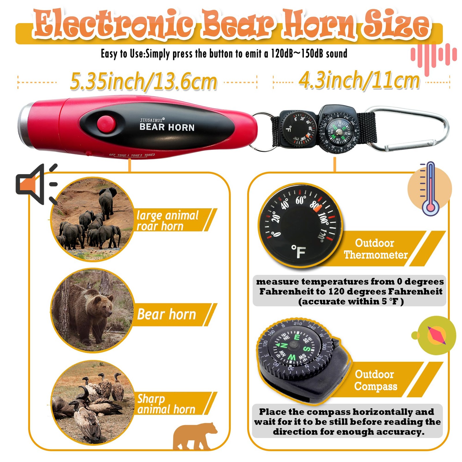 120dB Electronic Air Horn with Compass & Thermometer- Bear Horn to Scare Bear…