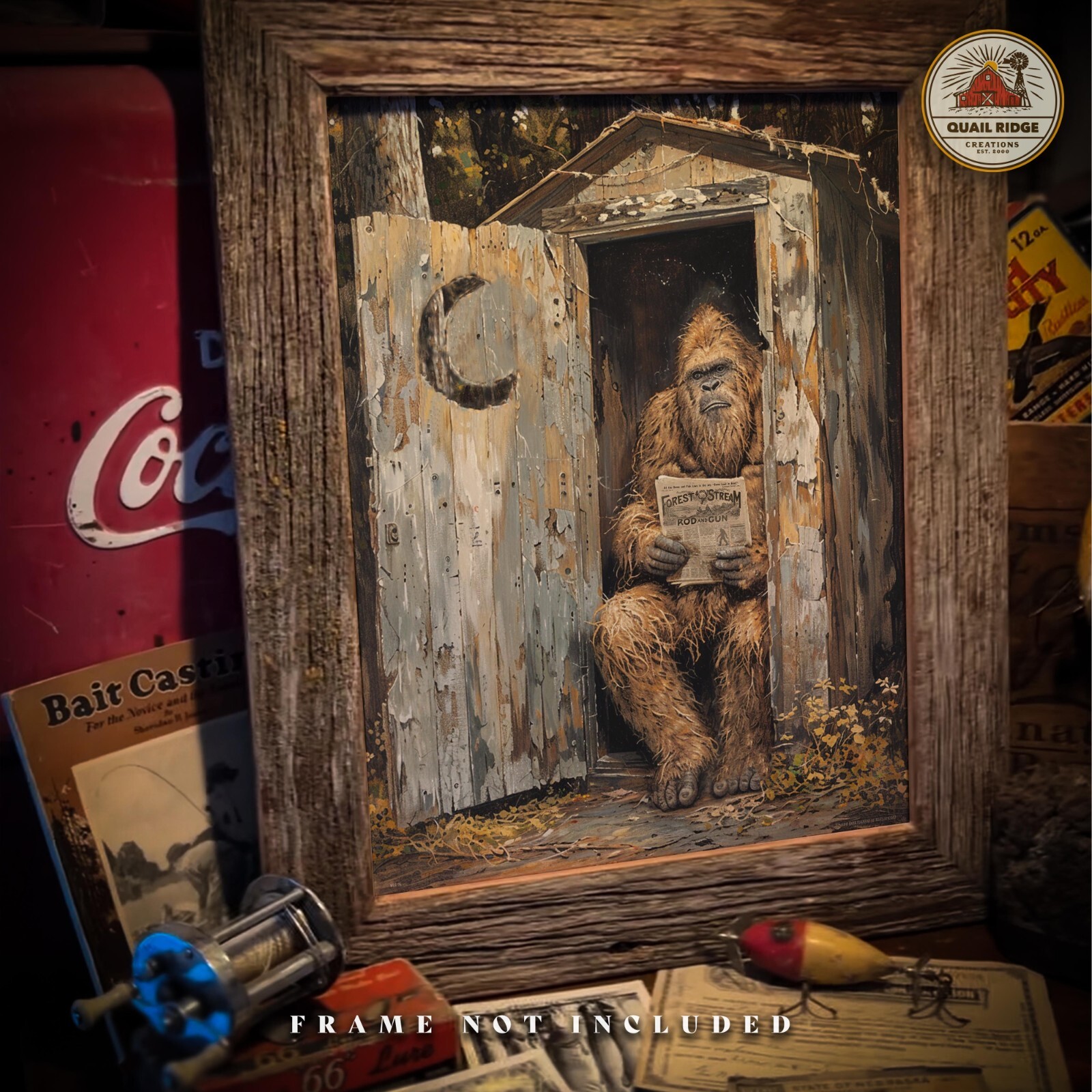 Vintage Sasquatch Bigfoot Art Print Outhouse Artwork Bathroom Wall Decor Gift