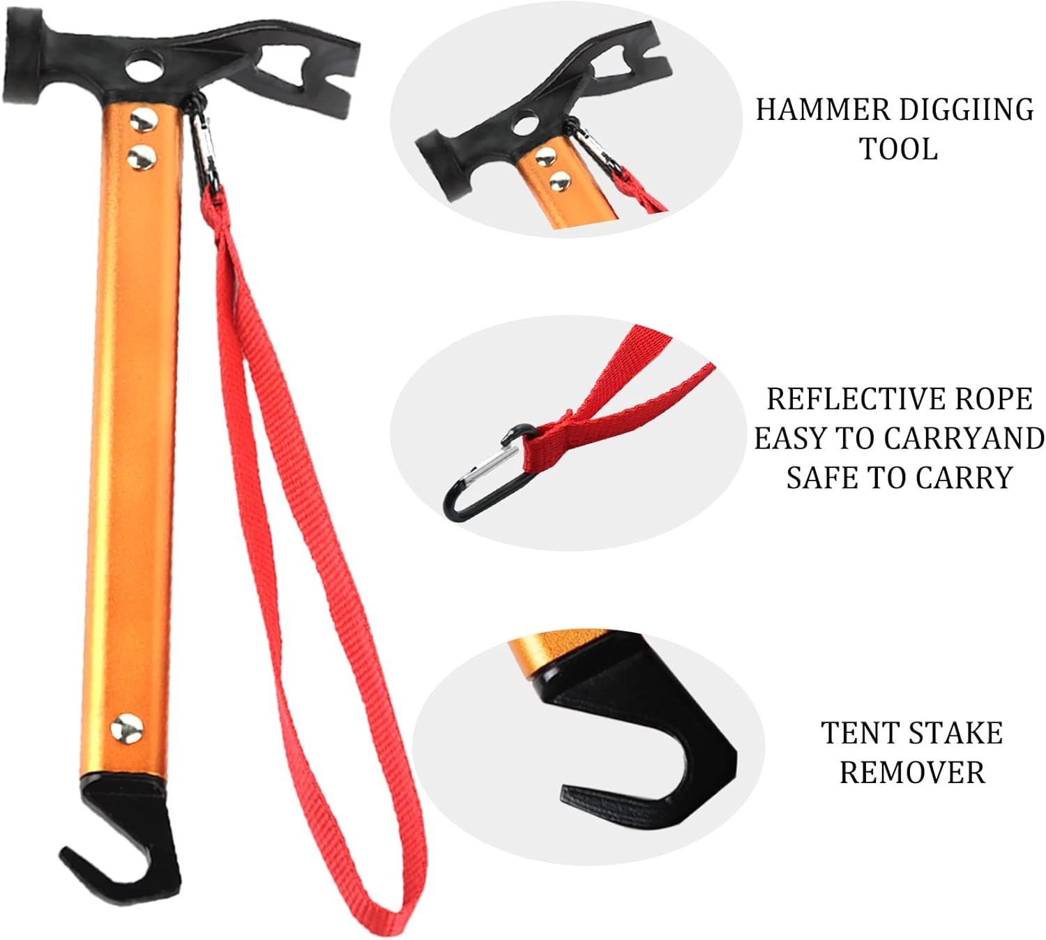 Carbon Steel Aluminum Camping Hammer, 12″ Small Lightweight Orange