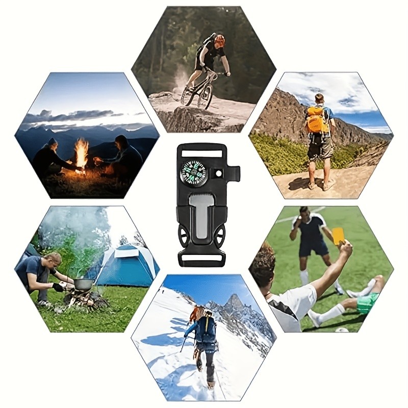4pcs Outdoor Survival Buckle with Compass Whistle Fire Starter Black Backpack