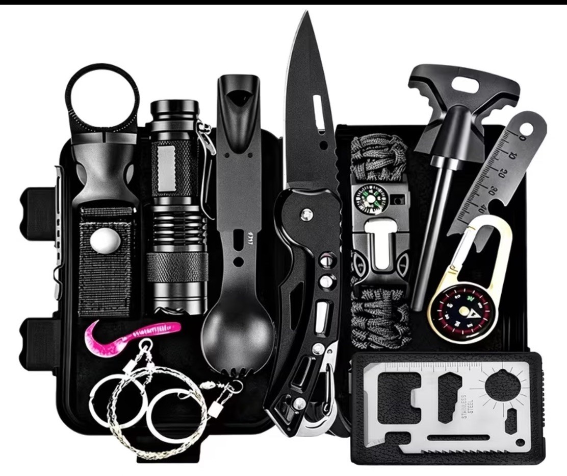 Multi Piece Survival Kit Compass Saw Knife Solar Blanket Firem Starter Lanyard