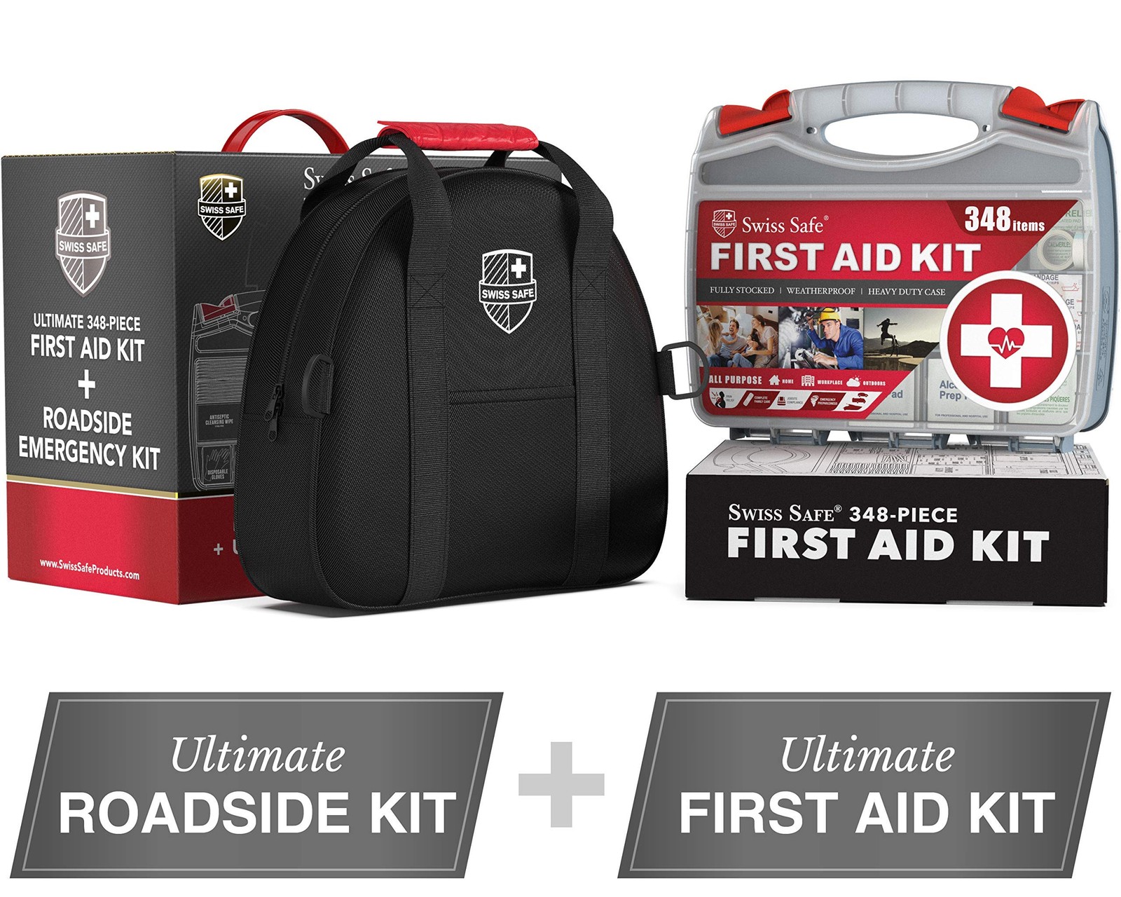Swiss Safe 2-in-1 Car Emergency Kit | 12-FT Heavy-Duty Jumper 348 Piece Set