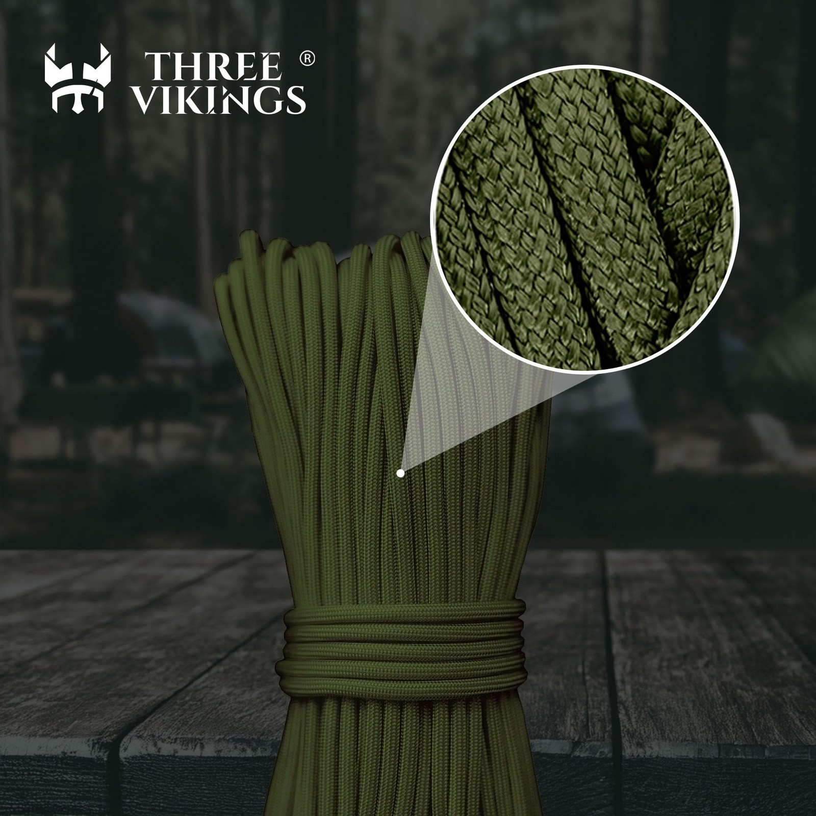 Three Vikings Paracord Rope – Made in USA – 750lb – 100% 50 ft, Olive Drab
