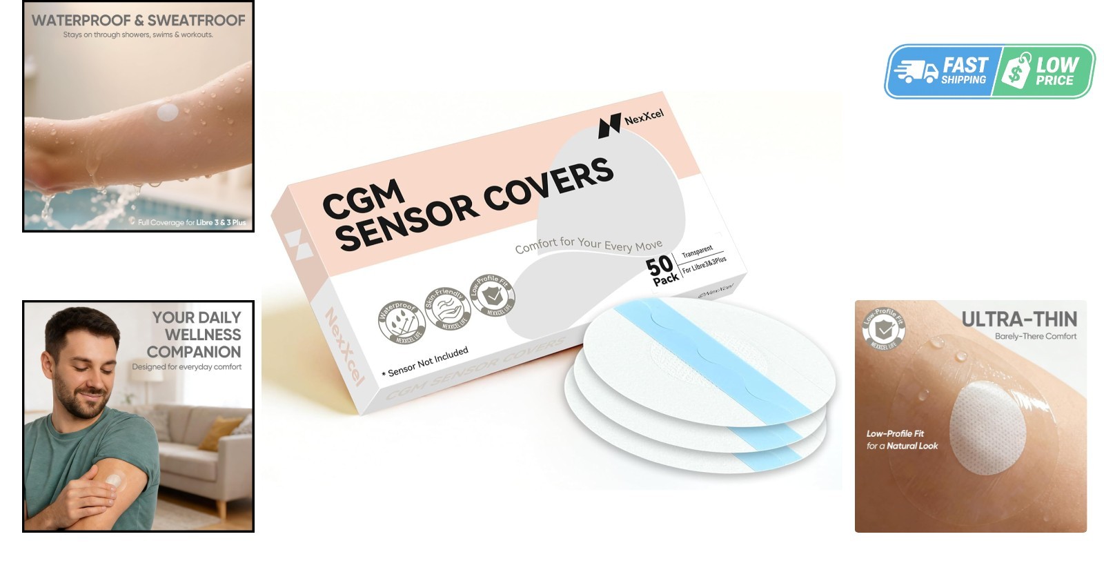 50 PCS Freestyle Sensor Covers for Libre 3-Adhesive Patches-Waterproof CGM Tap