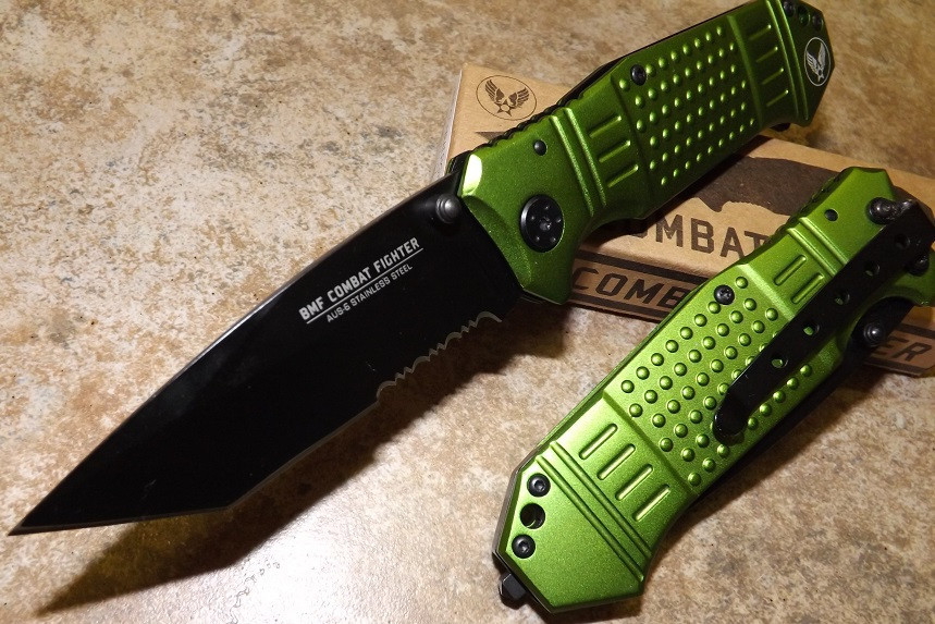 TACTICAL KNIFE BMF Fighter Pocket Knife GREEN Glass Breaker Lanyard Hole NEW!