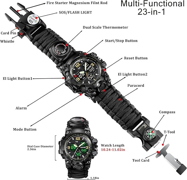 Mens Tactical Military Digital Watch, 23-in-1 Survival Multi-Functional Army …