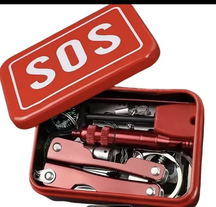 Emergency Kit tin box Multi Tools W/ Flashlight Firestarter Saw Whistle Compass