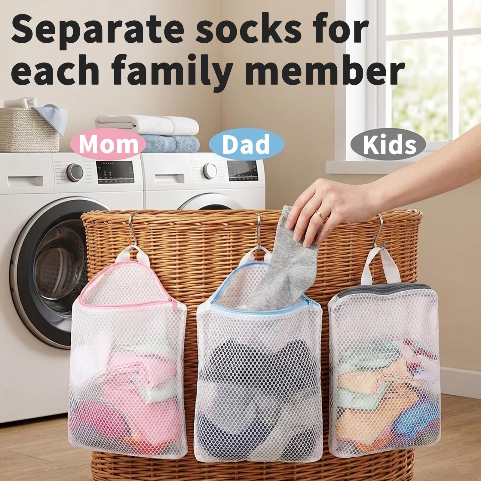 3Pcs Hanging Laundry Bags for Socks with S Hooks, 12 Large, white, pink, blue