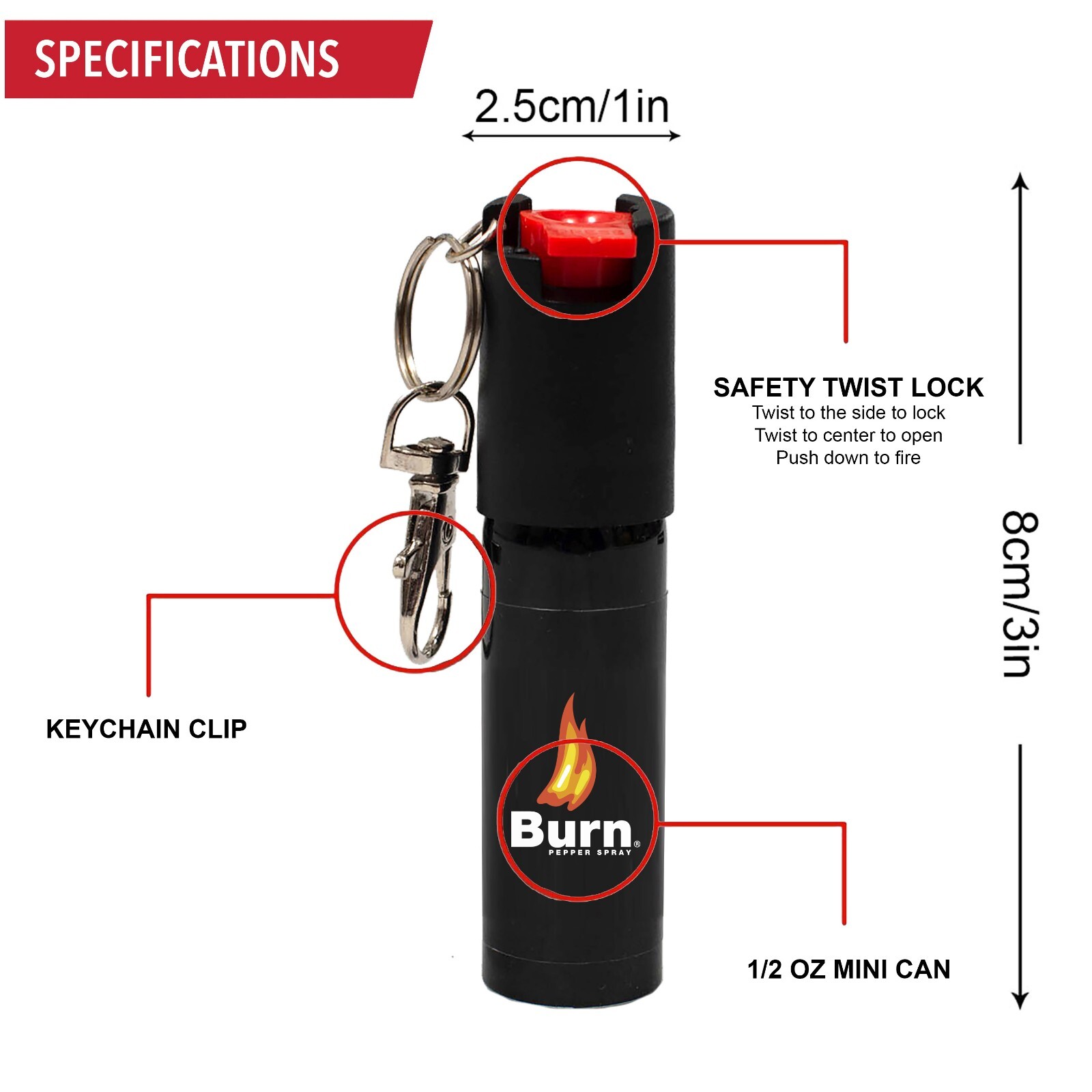 BURN Pepper Spray Keychain 1/2oz Self Defense in Pink Holster
