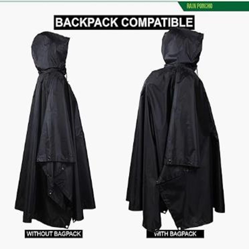 Waterproof Hooded Ripstop Rain Poncho Military Camping Hiking Raincoat Black US