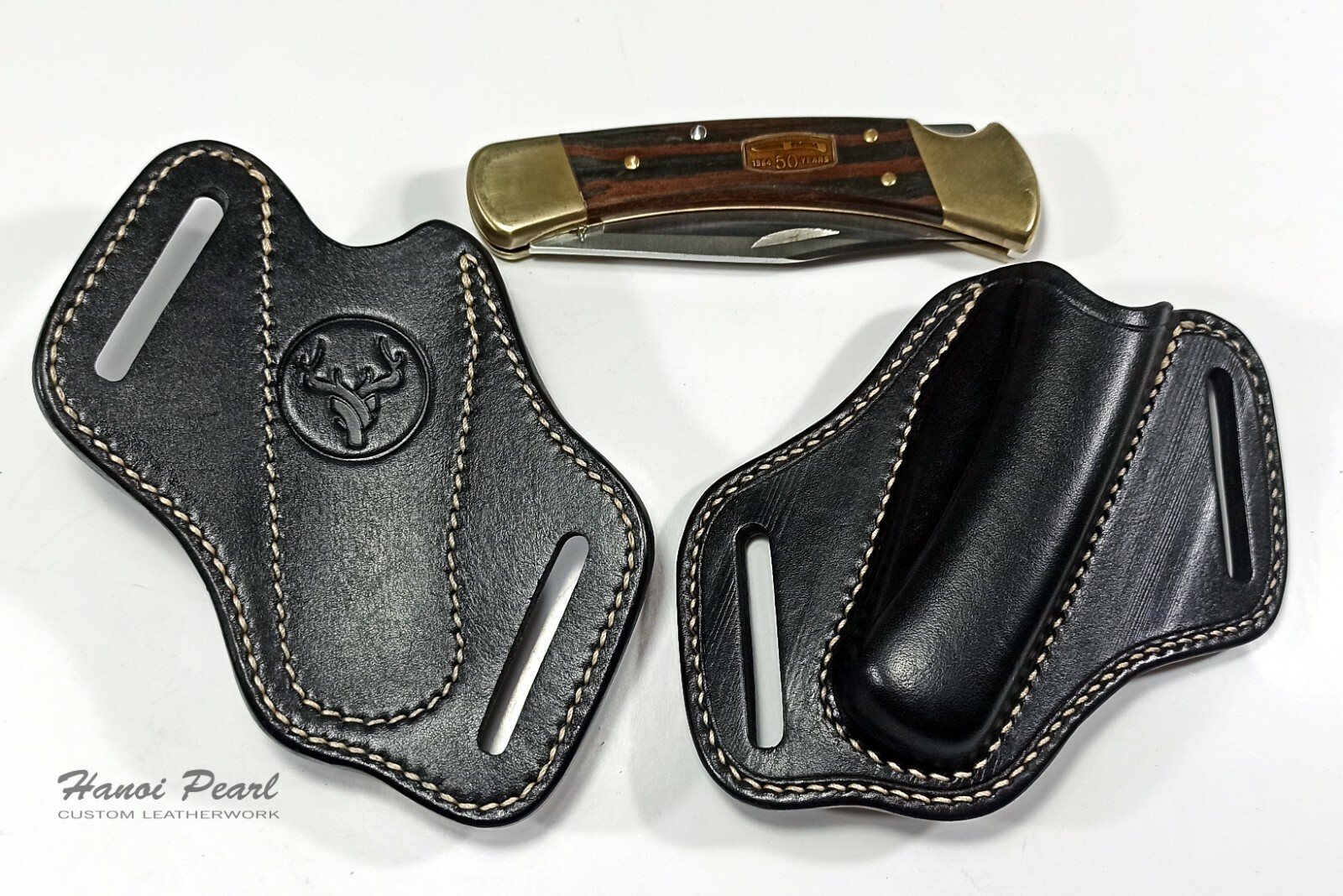 Custom Black 45 Degree Canted Leather Sheath for Buck 110 Folding Hunter