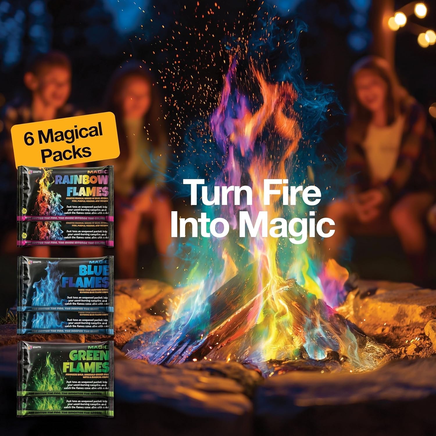 Family-Friendly Campfire Kit: 6 Color-Changing Flames, Games & Glow Sticks