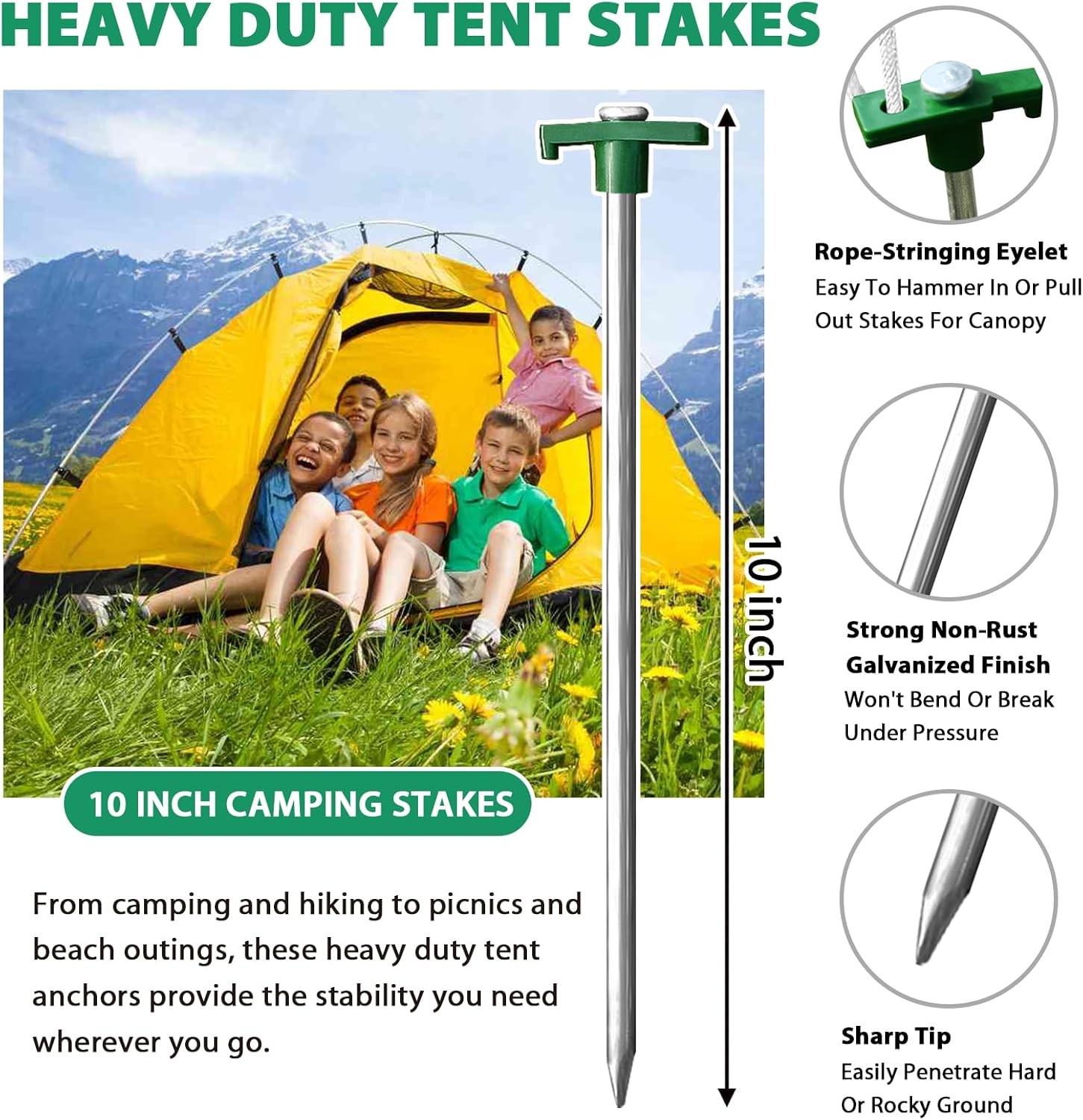 10-Pack Galvanized Tent Stakes Heavy Duty Steel Anchors w/ 4 Ropes USA