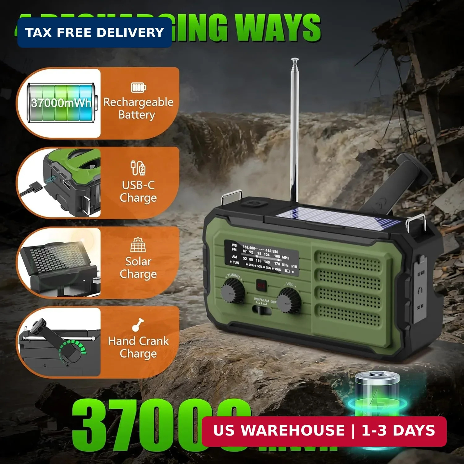 Emergency Radio Hand Crank Solar, 10000mAh/37000mWh Emergency Weather Radio, Han