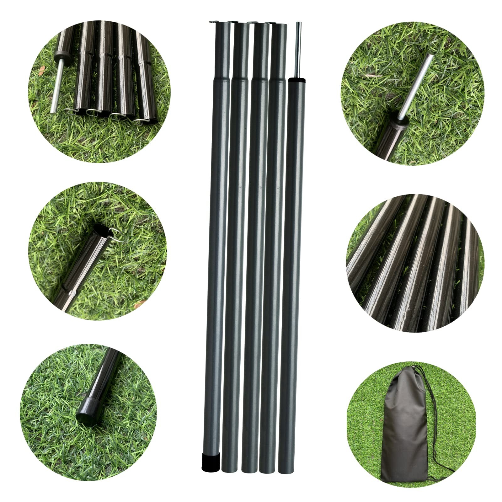 Tent Poles Adjustable Tarp Steel Rods for Canopy Camping Black