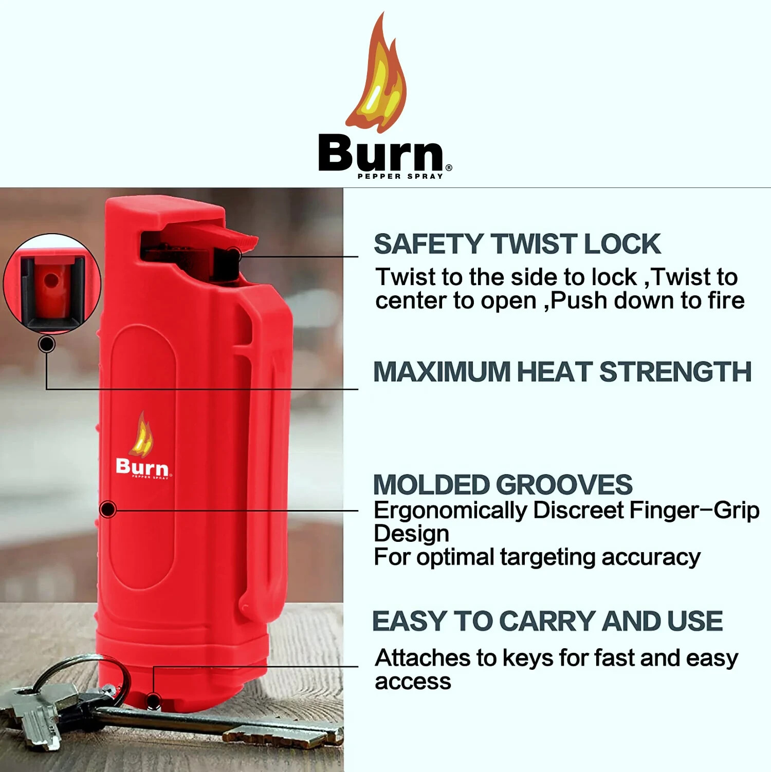 BURN Pepper Spray 0.5oz Self Defense Security Keychain Red 4 Pack