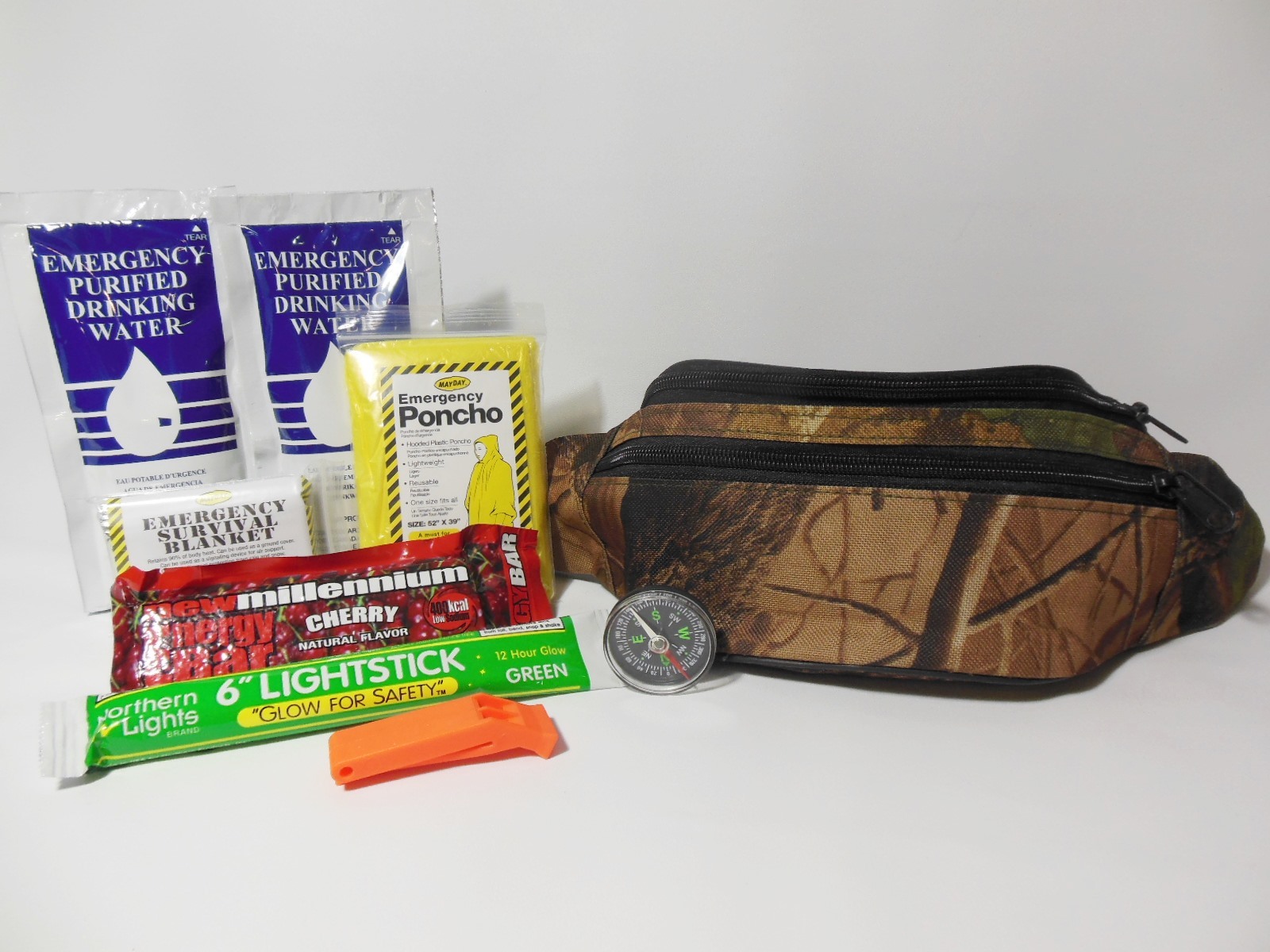 1 DAY EMERGENCY SURVIVAL KIT EDC CAMPING HIKING HUNTING FISHING with CAMO Fanny