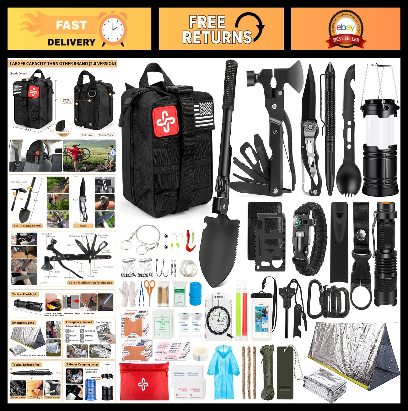 250Pcs Survival Gear Kit with Molle Bag, First Aid & Emergency Tent for Hiking,