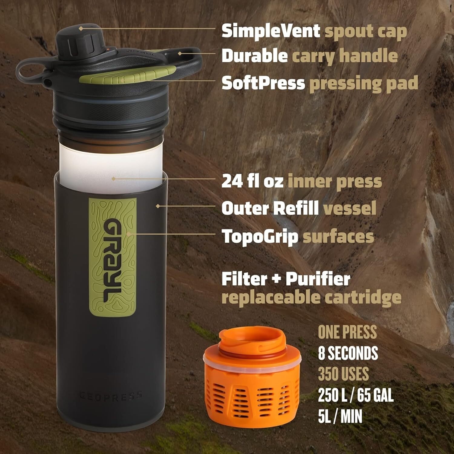 Grayl GeoPress 24oz Water Purifier Bottle Outdoor Survival Portable Filter