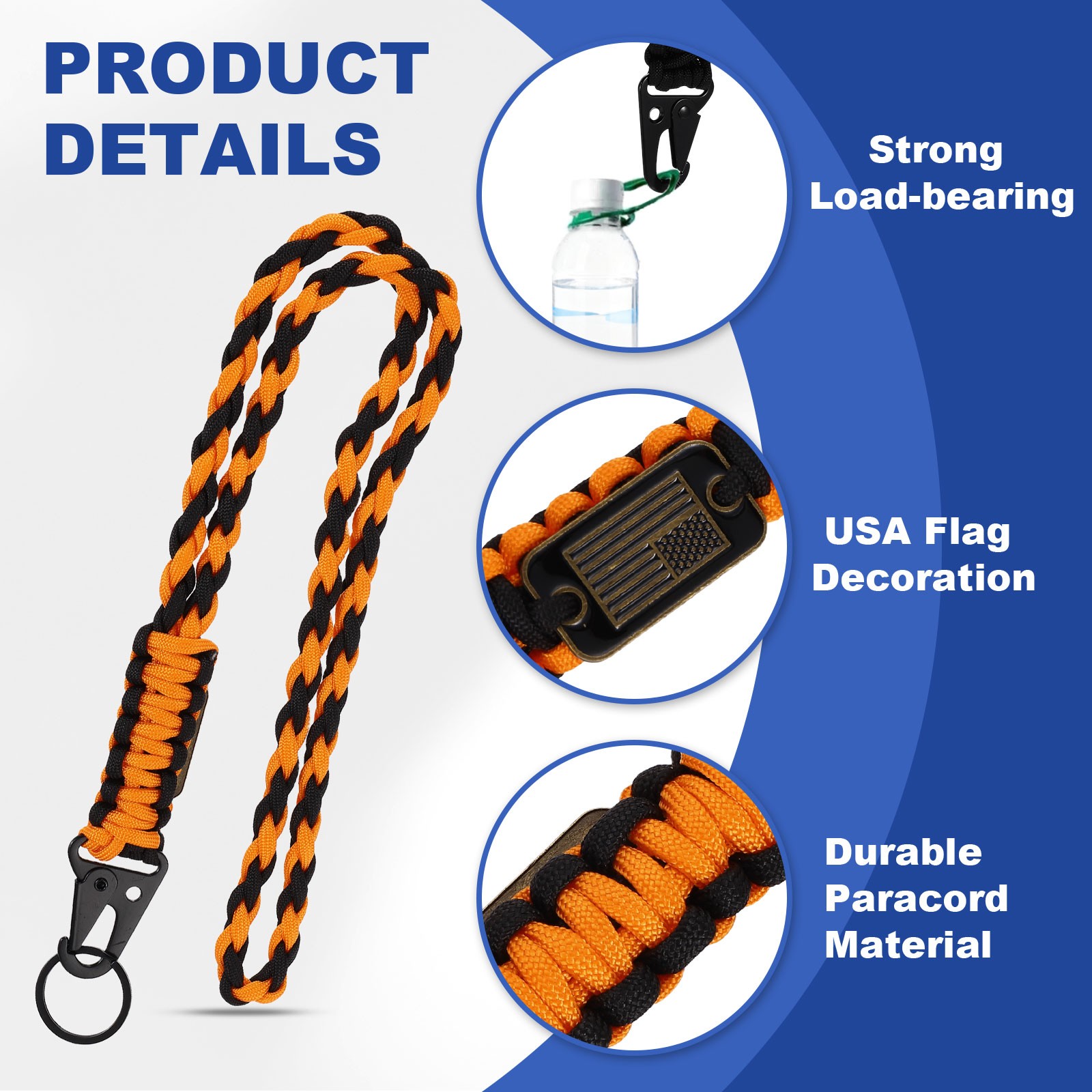 Paracord Lanyard, Strong Lanyard with USA Flag, Orange and Black
