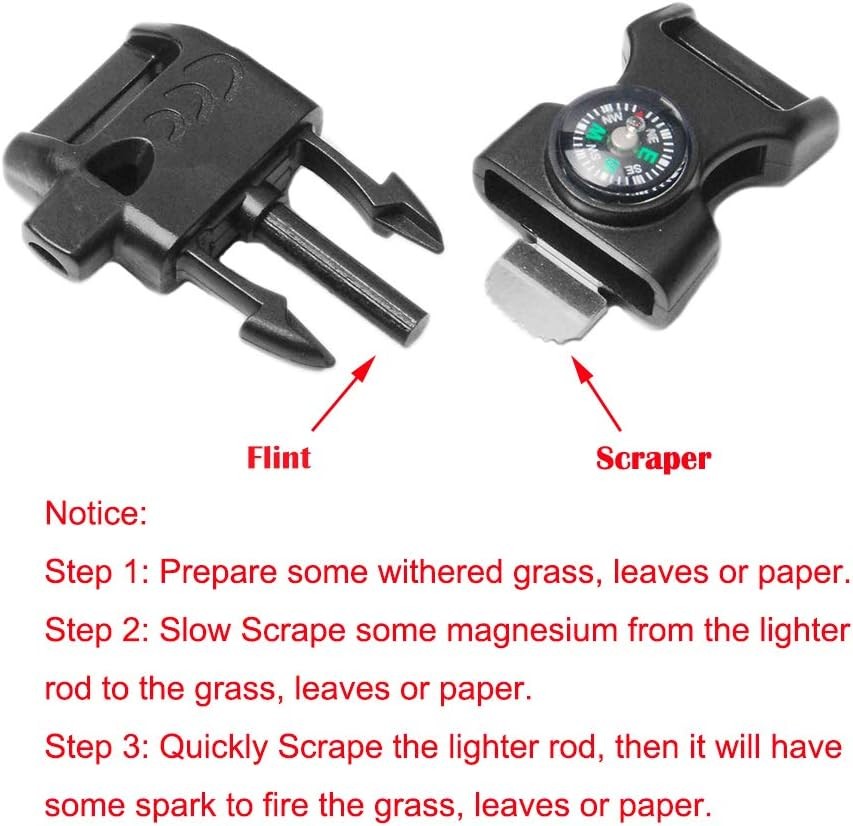 10pcs Pack Black 5/8″ Compass Flint Scraper Fire Starter Whistle Buckle Plastic