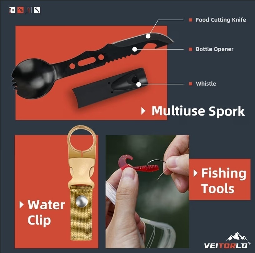 Veitorld Survival Kit Black 12-in-1 Multi-Tool Set Knife Fire Starter Compass