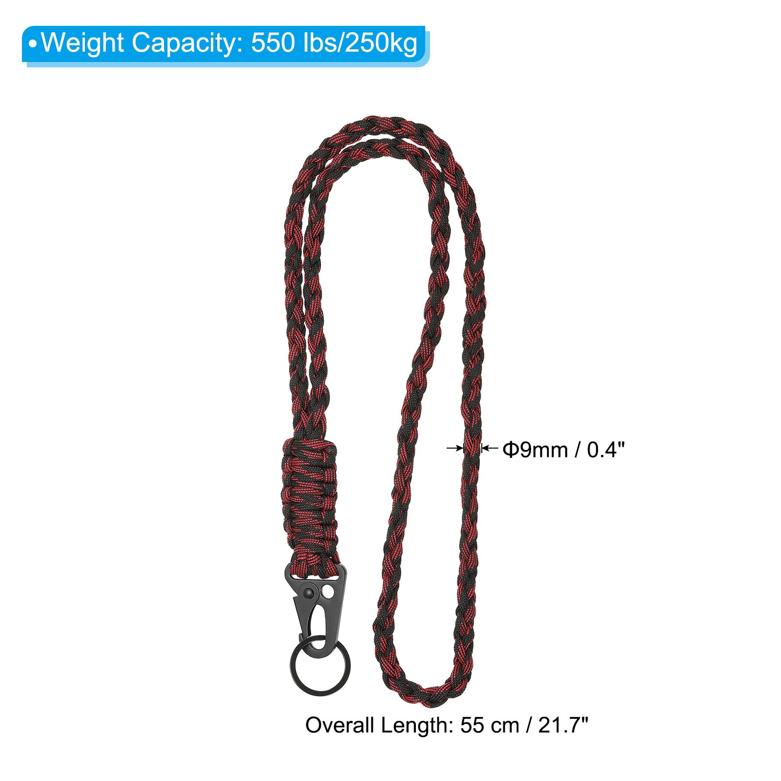 3Pcs 22″ Paracord Neck Lanyard Keychain Braided Strong Lanyard with Black&Red