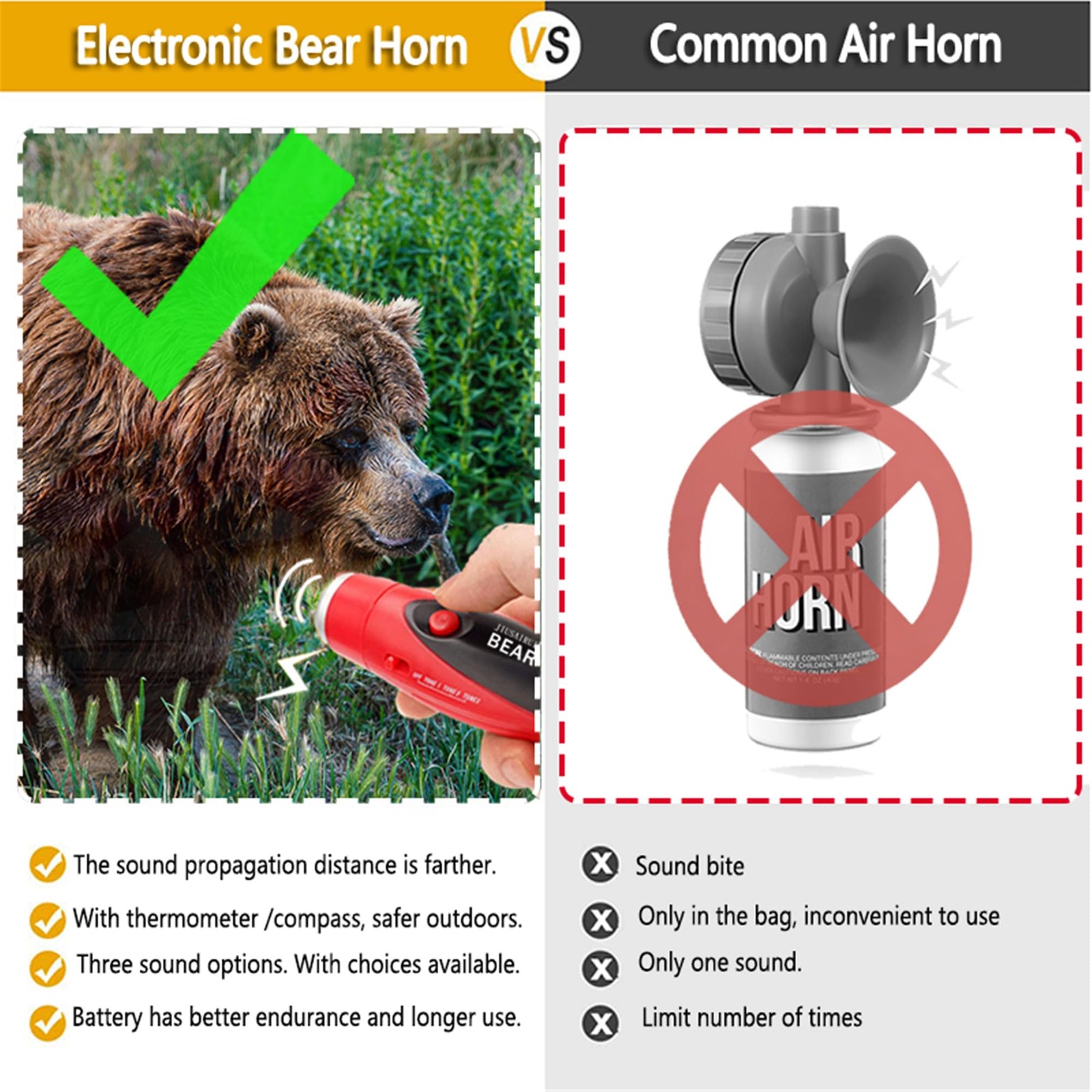 120dB Electronic Air Horn with Compass & Thermometer- Bear Horn to Scare Bear…