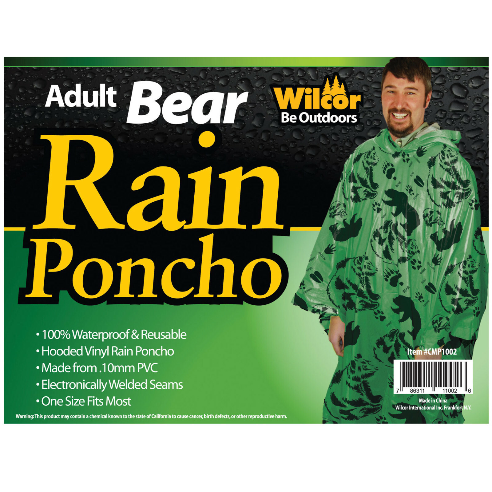 Adult Bear Rain Poncho One Size Fits Most Hooded Waterproof Vinyl .10mm PVC