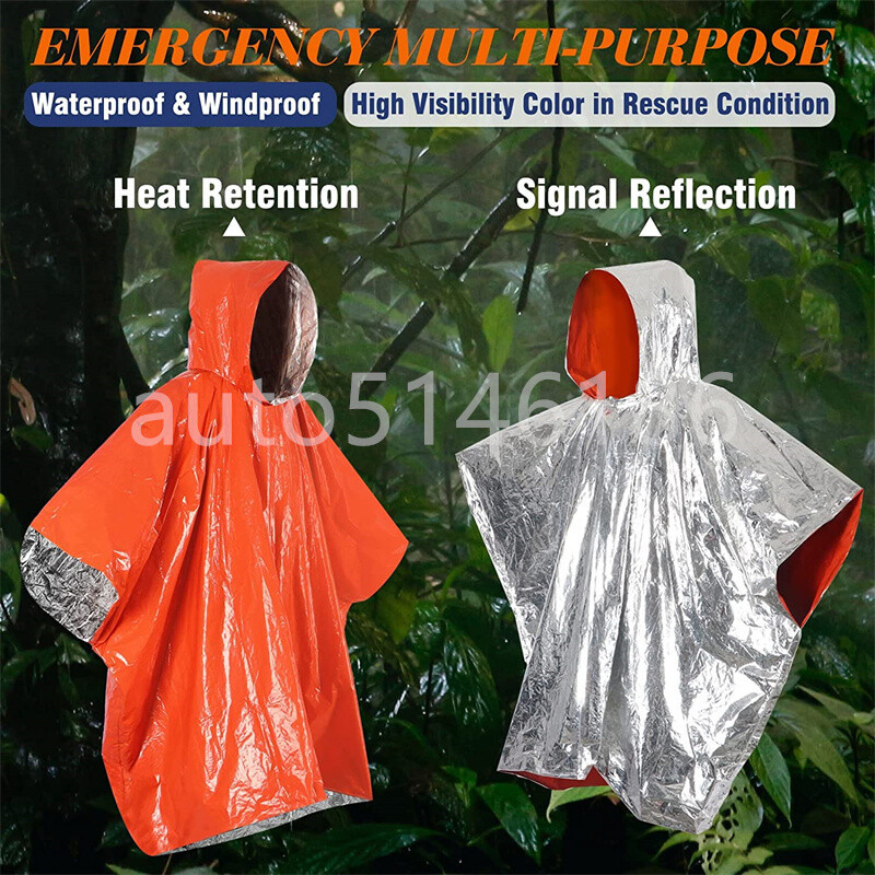 2Pcs Emergency Hooded Poncho Insulated PE Rain Coat Windproof Outdoor Hiking