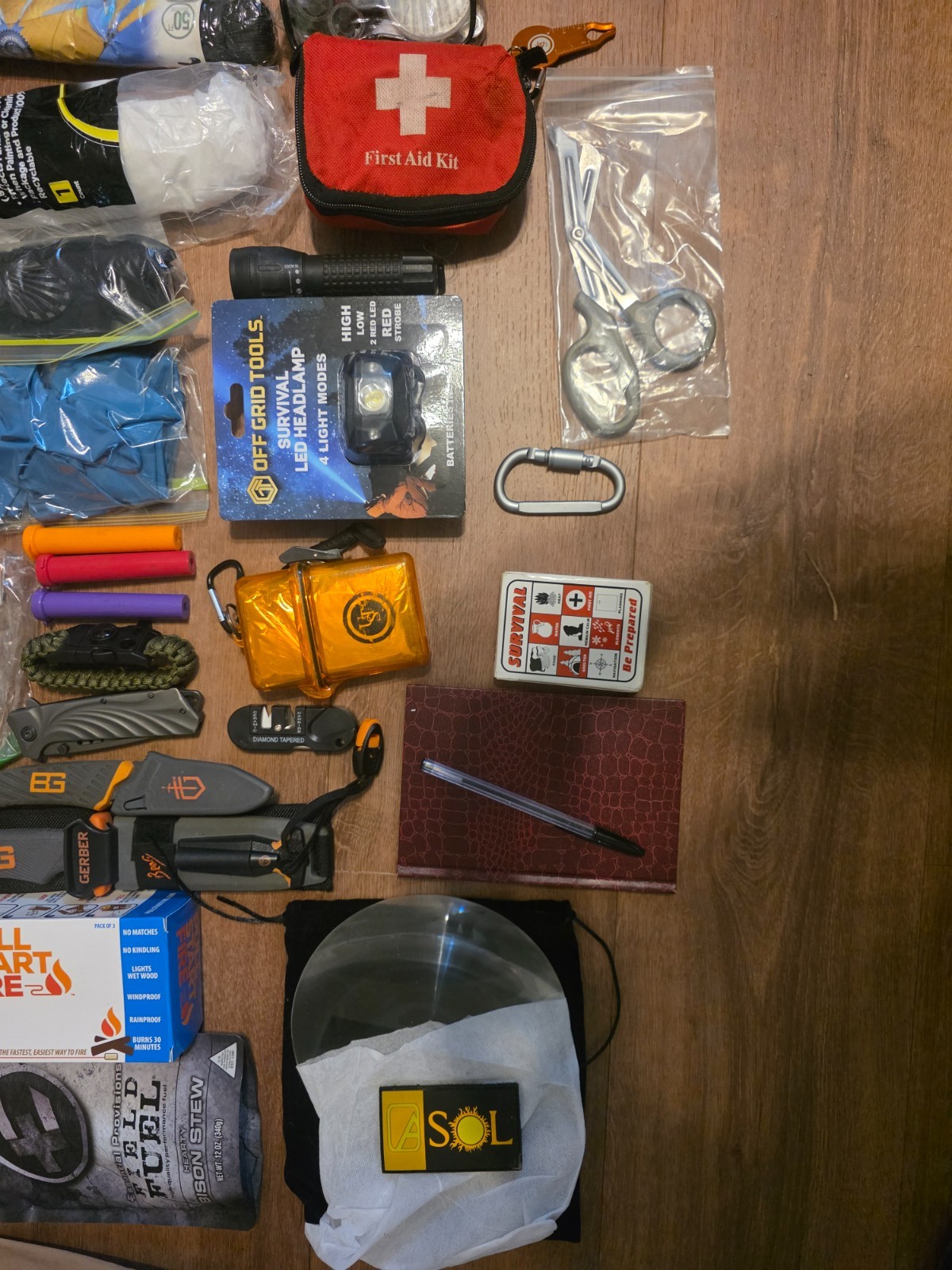 Bug Out Go Bag Survival Kit BG Gerber knife 2 MRE full rain gear Headlamp fire